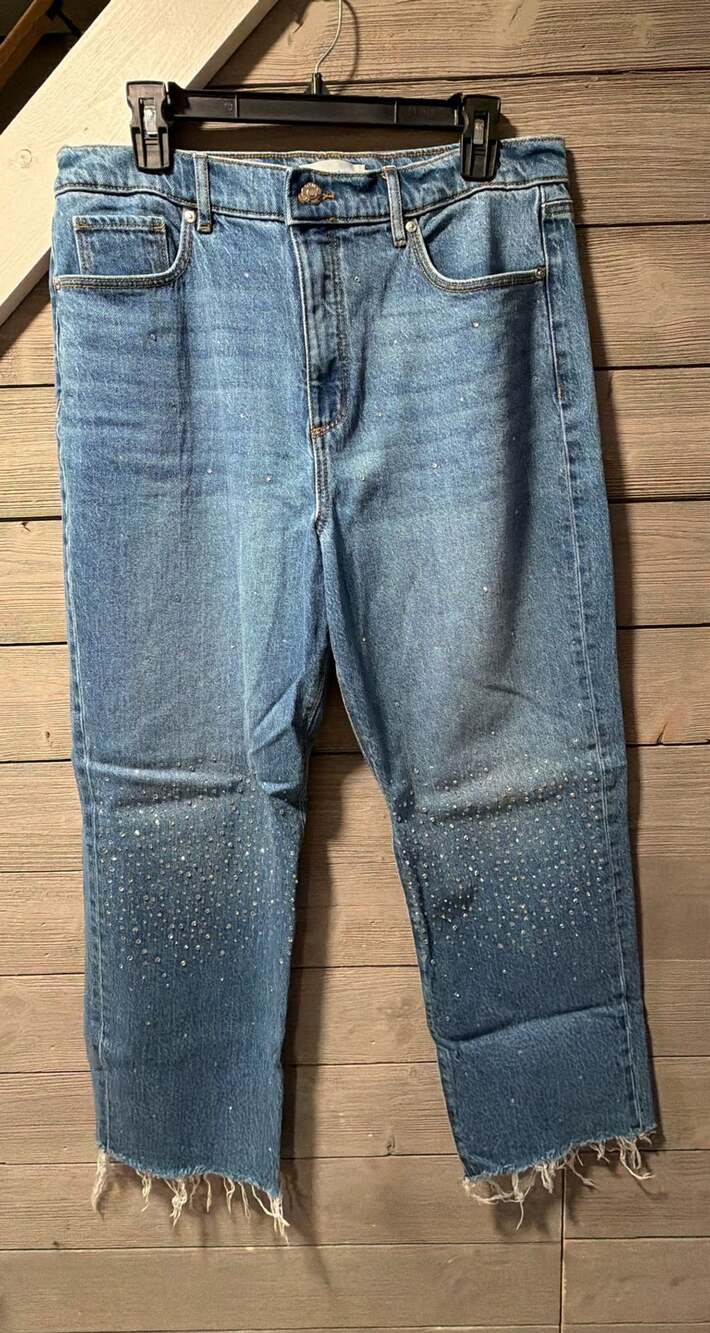 LOFT The Straight Jeans Size 31/12 Embellished Rhinestone Frayed Hem